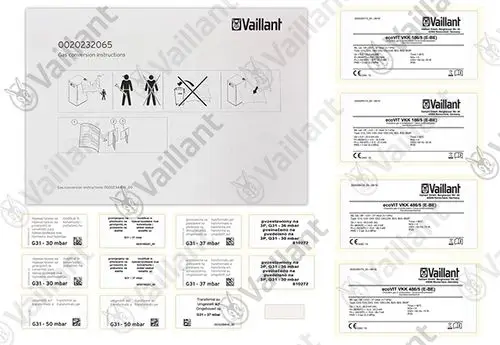 Gasumbauanleitung von Vaillant mit Illustrationen und technischen Daten für verschiedene Gasarten, einschließlich Informationsblätter für den Einsatz.